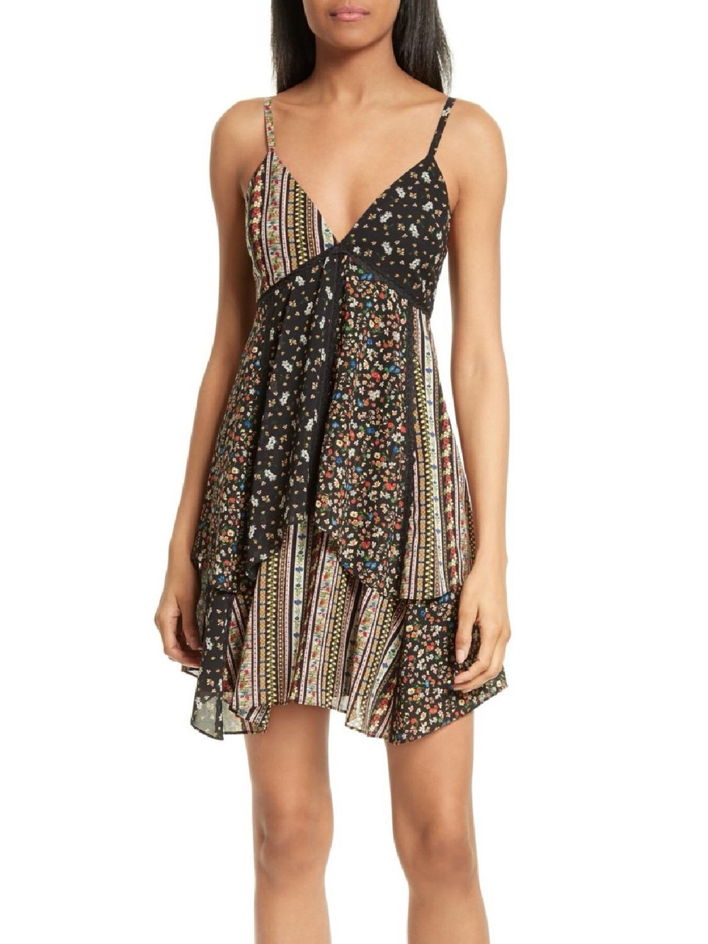 Alice + Olivia Floral Spaghetti Strap V-Neck Layered Silk Dress